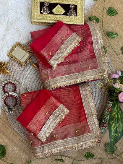 Fendy Chiffon Ghungroo Saree with Golden Zari Border & Decorative Tassels