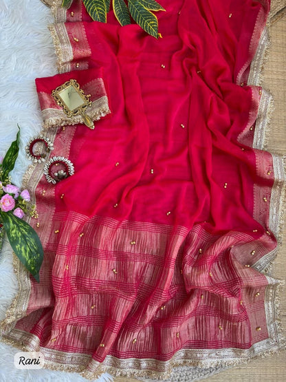 Fendy Chiffon Ghungroo Saree with Golden Zari Border & Decorative Tassels
