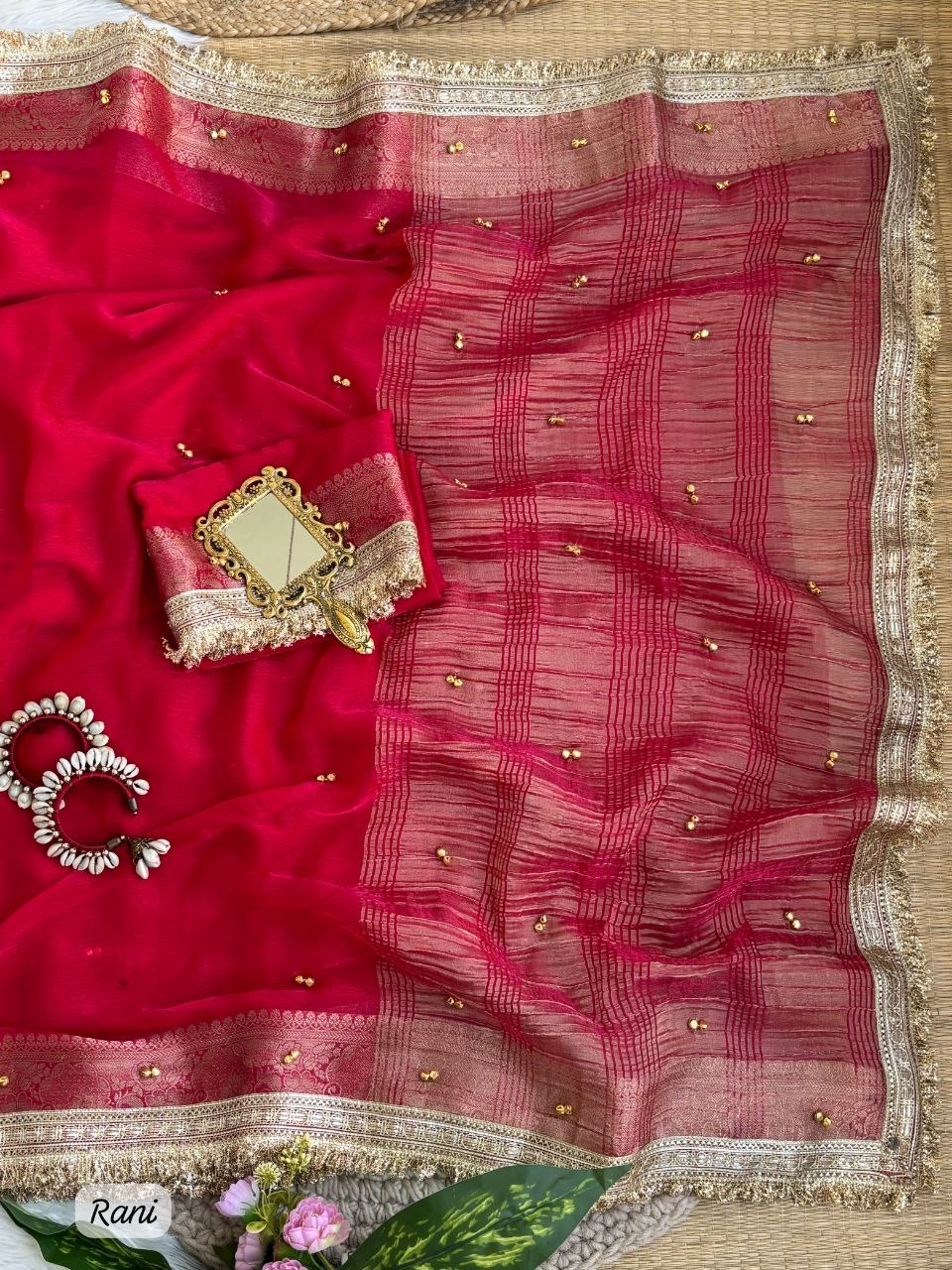Fendy Chiffon Ghungroo Saree with Golden Zari Border & Decorative Tassels