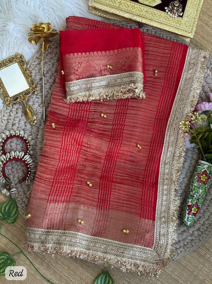 Fendy Chiffon Ghungroo Saree with Golden Zari Border & Decorative Tassels