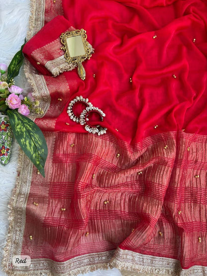 Fendy Chiffon Ghungroo Saree with Golden Zari Border & Decorative Tassels