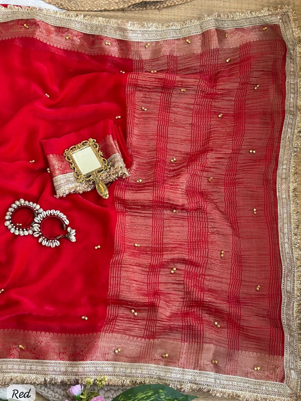 Fendy Chiffon Ghungroo Saree with Golden Zari Border & Decorative Tassels