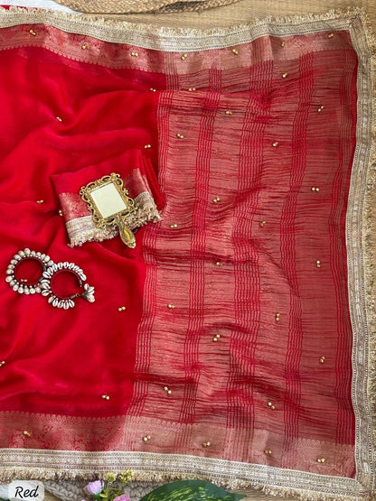 Fendy Chiffon Ghungroo Saree with Golden Zari Border & Decorative Tassels
