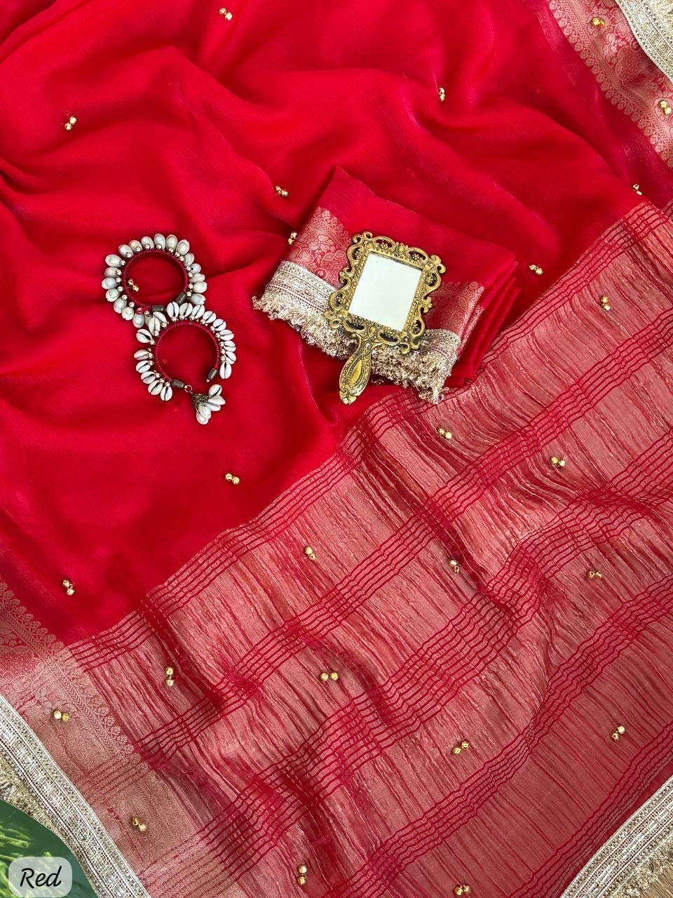Fendy Chiffon Ghungroo Saree with Golden Zari Border & Decorative Tassels