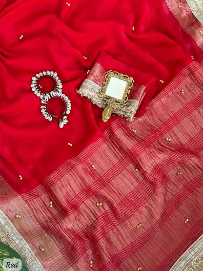 Fendy Chiffon Ghungroo Saree with Golden Zari Border & Decorative Tassels