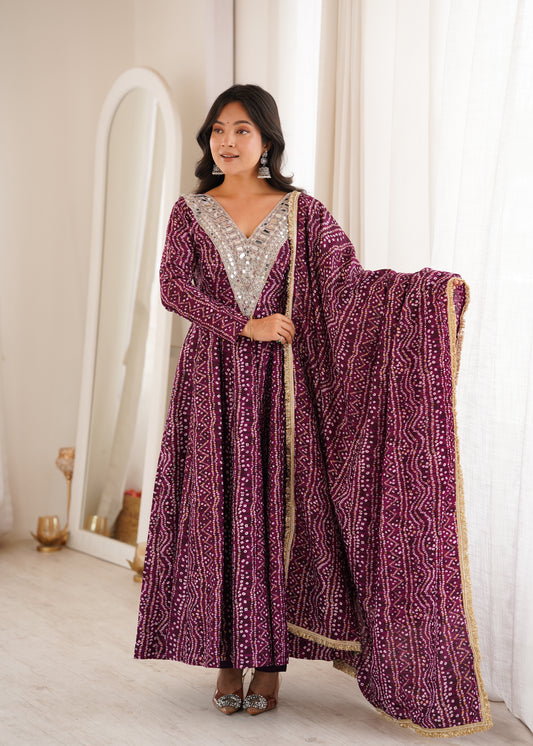 Purple Bandhani Anarkali Suit with Mirror Work Neckline & Dupatta
