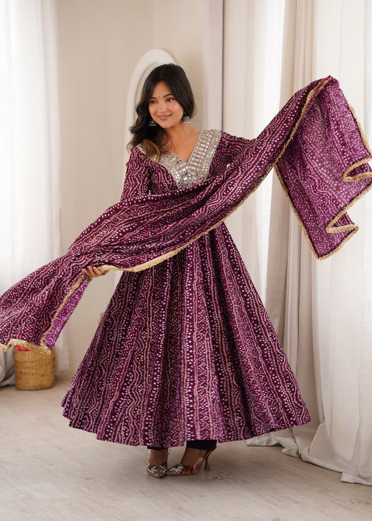 Purple Bandhani Anarkali Suit with Mirror Work Neckline & Dupatta
