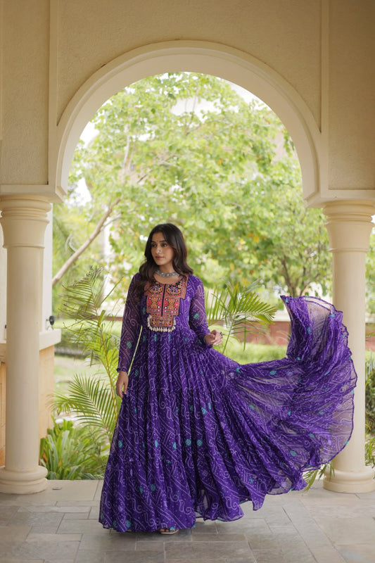 Purple Bandhani Print Kutchi Gamthi Patchwork Gown