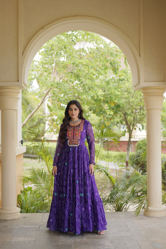 Purple Bandhani Print Kutchi Gamthi Patchwork Gown