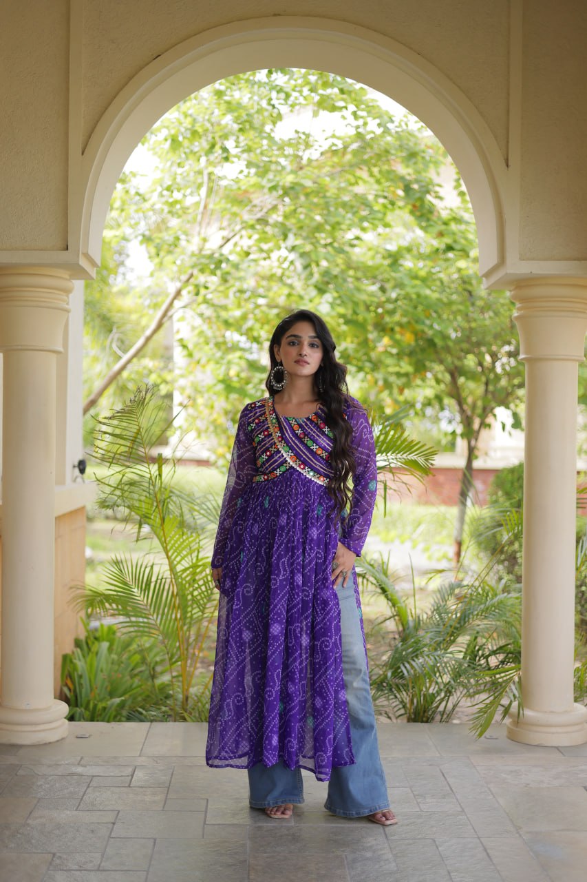 Purple Bandhani Print Kutchi Gamthi Patchwork Kurti