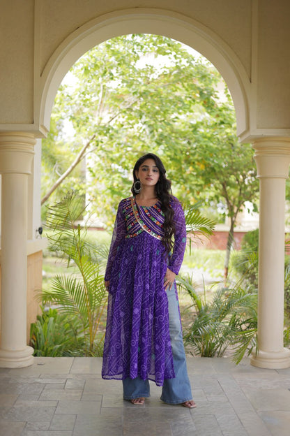 Purple Bandhani Print Kutchi Gamthi Patchwork Kurti