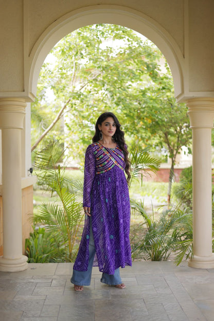 Purple Bandhani Print Kutchi Gamthi Patchwork Kurti