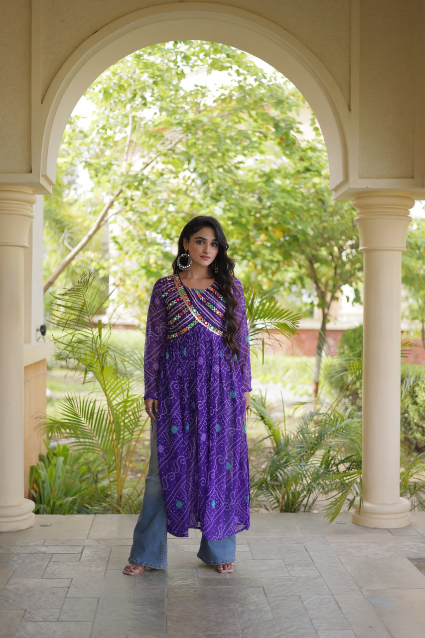 Purple Bandhani Print Kutchi Gamthi Patchwork Kurti