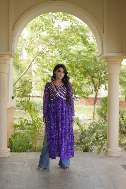 Purple Bandhani Print Kutchi Gamthi Patchwork Kurti