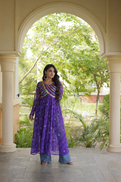 Purple Bandhani Print Kutchi Gamthi Patchwork Kurti