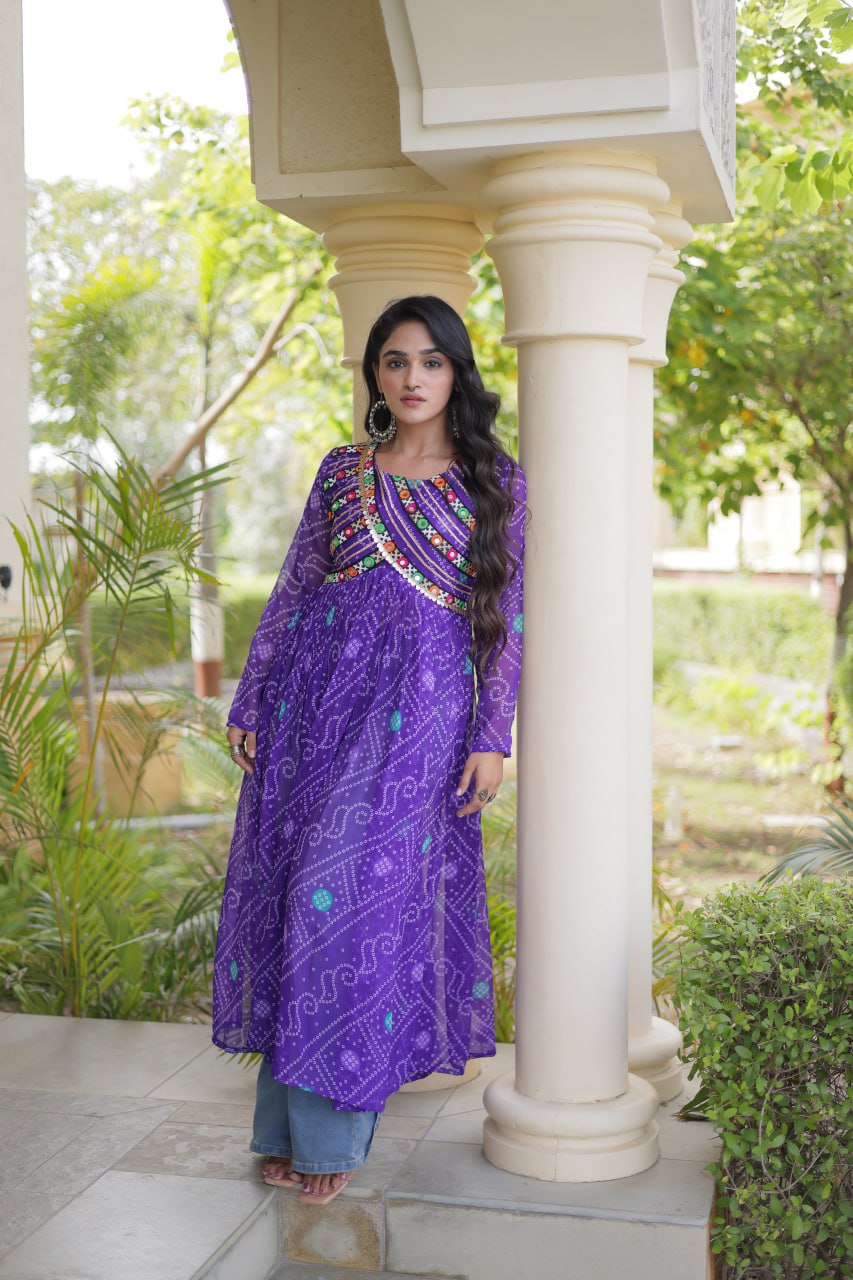 Purple Bandhani Print Kutchi Gamthi Patchwork Kurti