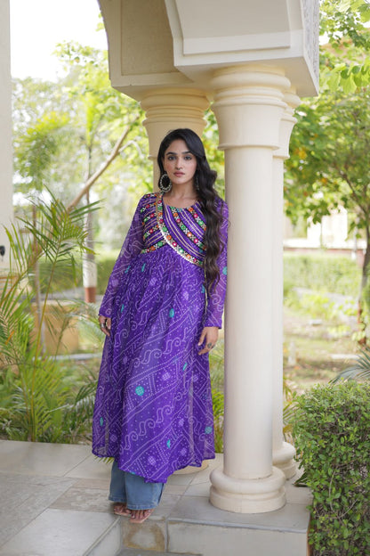 Purple Bandhani Print Kutchi Gamthi Patchwork Kurti