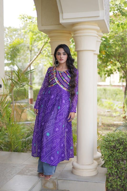 Purple Bandhani Print Kutchi Gamthi Patchwork Kurti
