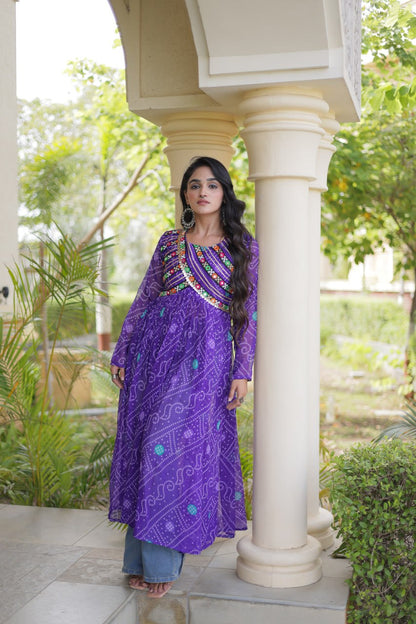 Purple Bandhani Print Kutchi Gamthi Patchwork Kurti
