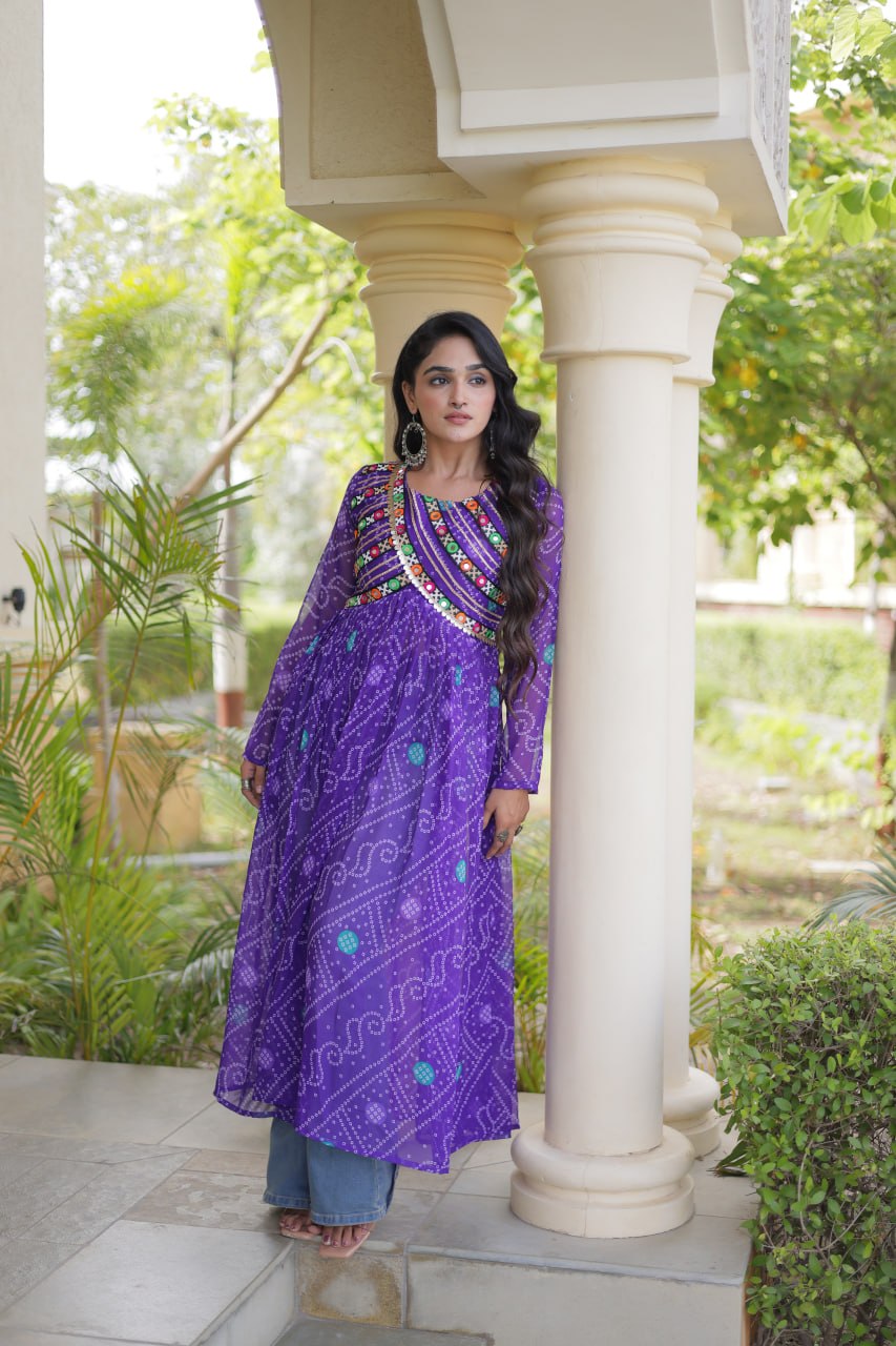 Purple Bandhani Print Kutchi Gamthi Patchwork Kurti