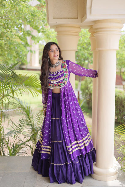 Olive Green Bandhani Print Lehenga Choli with Kutchi Gamthi Patchwork Shrug