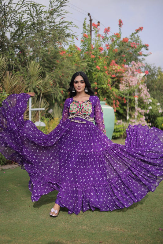 Purple Bandhani Printed 12 Mtr Georgette Gown with Kutchi Patchwork