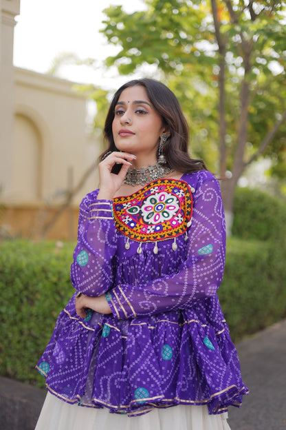 Purple Kutchi Gamthi Bandhani Top with Kora Cotton Gota Lace Lehenga