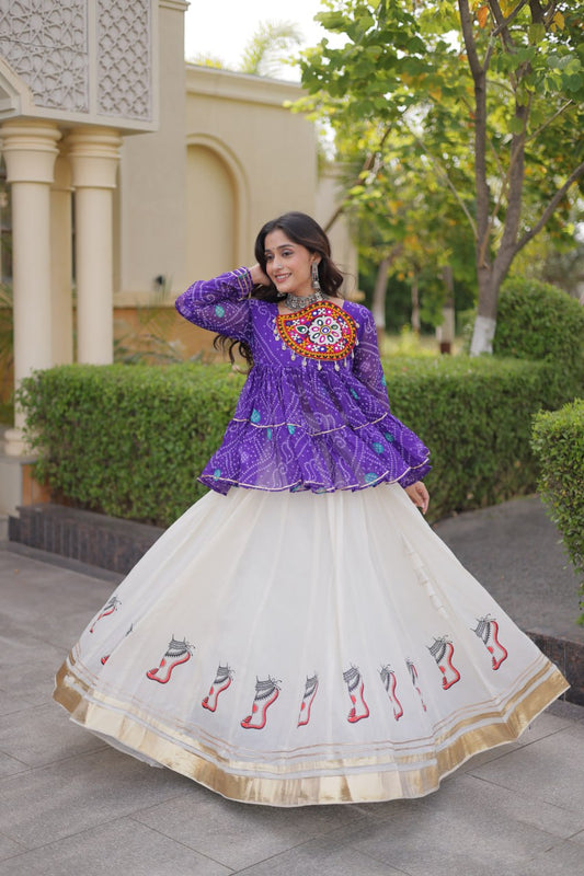 Purple Kutchi Gamthi Bandhani Top with Kora Cotton Gota Lace Lehenga