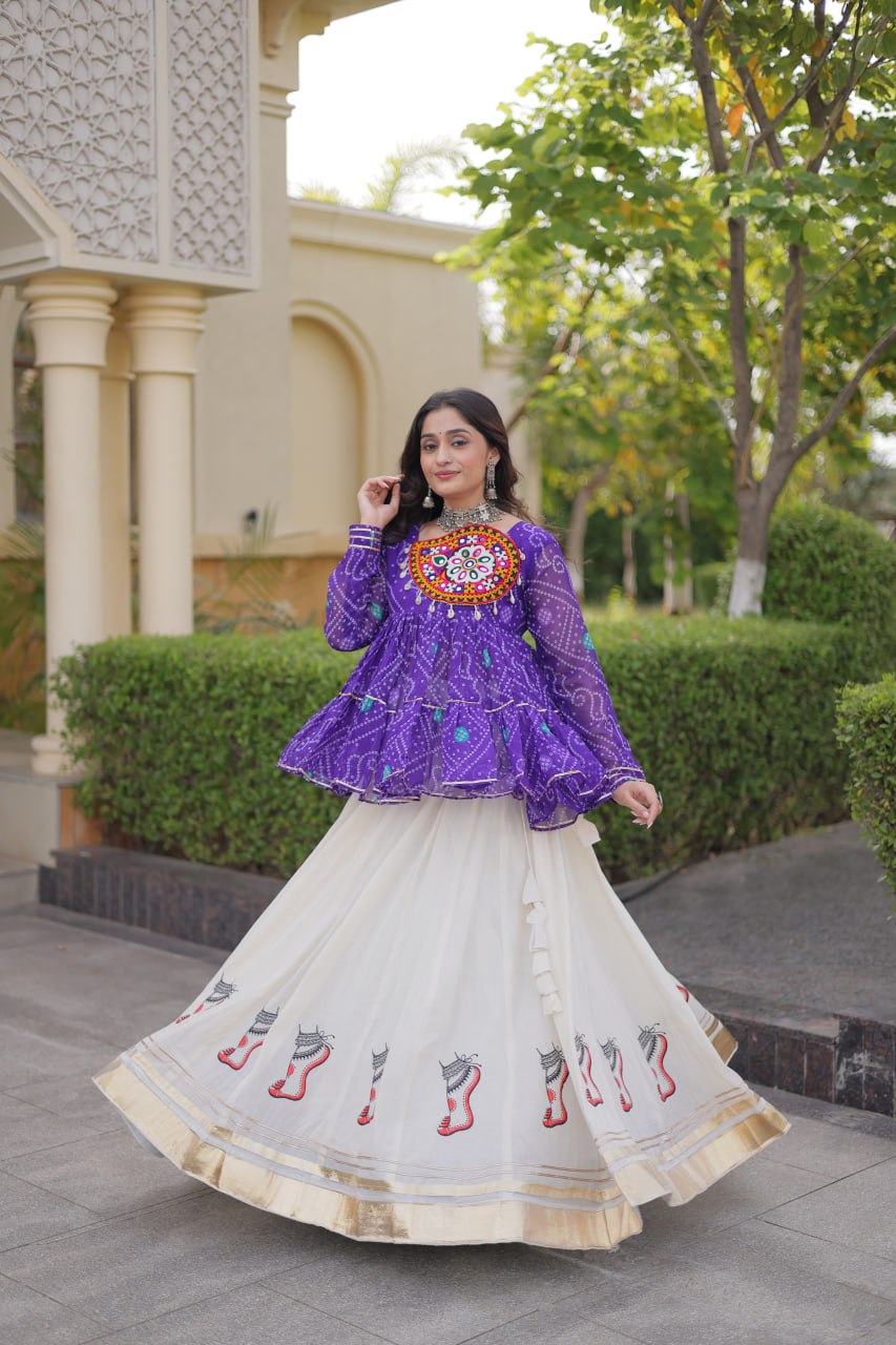 Purple Kutchi Gamthi Bandhani Top with Kora Cotton Gota Lace Lehenga
