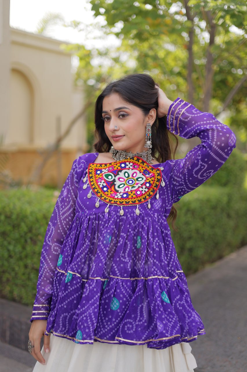 Purple Kutchi Gamthi Bandhani Top with Kora Cotton Gota Lace Lehenga