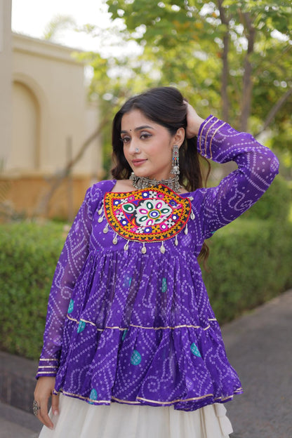 Purple Kutchi Gamthi Bandhani Top with Kora Cotton Gota Lace Lehenga