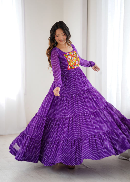 Purple Leheriya Navratri Anarkali Gown with Kutchi Embroidery Yoke