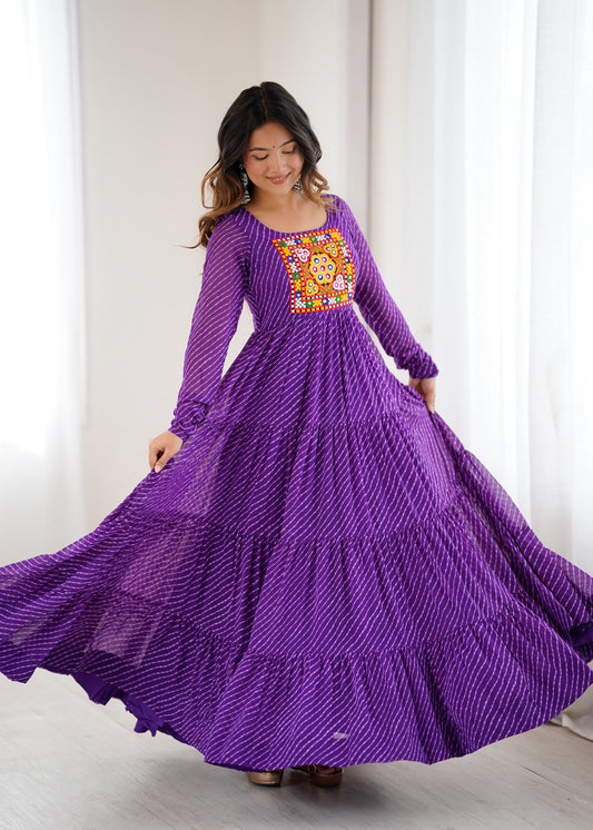 Purple Leheriya Navratri Anarkali Gown with Kutchi Embroidery Yoke