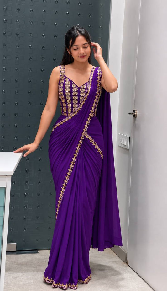 Purple Ready-to-Wear Saree with Multi-Thread Embroidery & Golden Foil Work