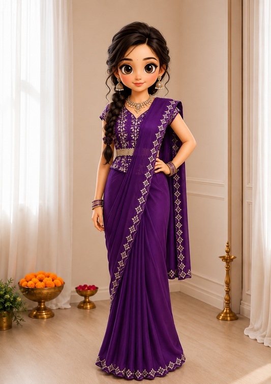 Purple Ready-to-Wear Saree with Multi-Thread Embroidery & Golden Foil Work
