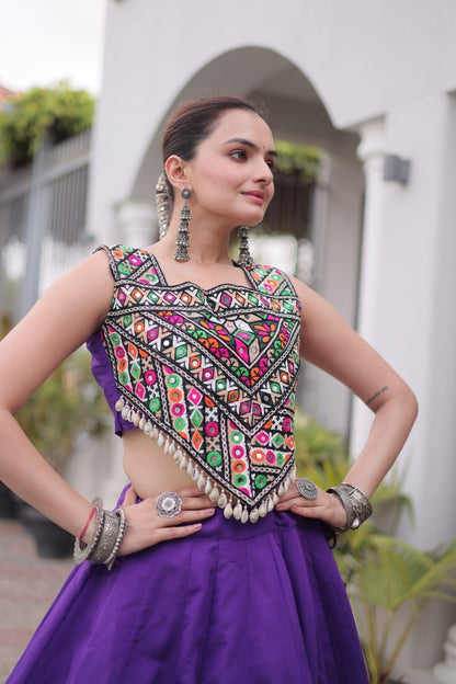 Designer Purple Roman Lehenga with Kutchi Gamthi Embroidered Blouse