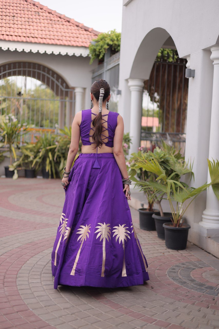 Designer Purple Roman Lehenga with Kutchi Gamthi Embroidered Blouse