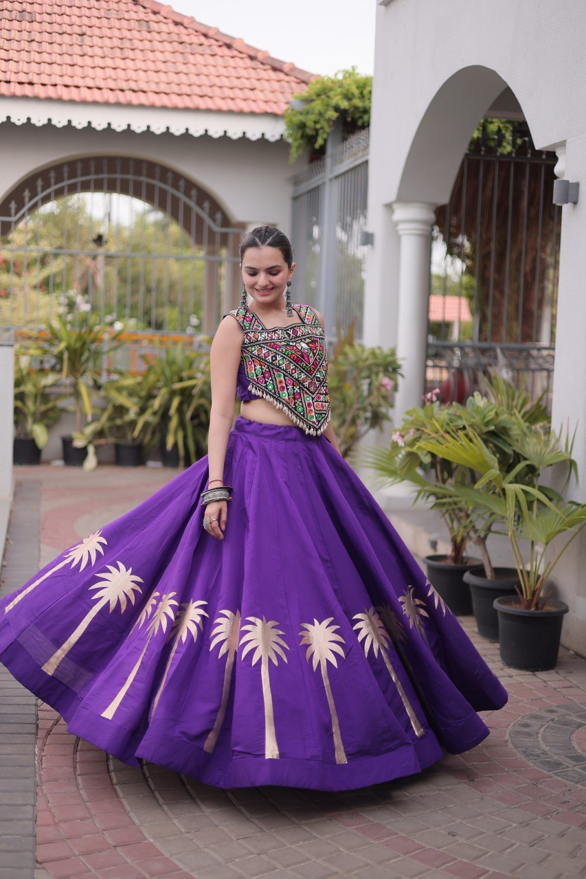 Designer Purple Roman Lehenga with Kutchi Gamthi Embroidered Blouse
