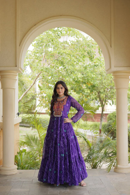 Pink Bandhani Print Kutchi Gamthi Patchwork Gown