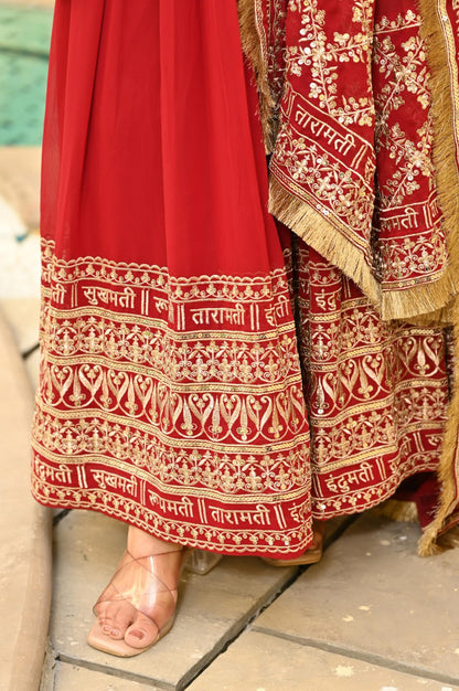 Red Embroidered Anarkali Gown with Heavy Dupatta for Wedding Wear