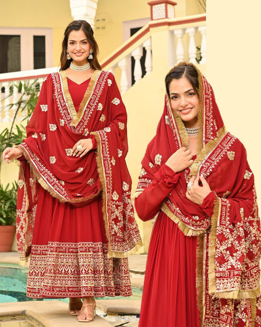 Red Embroidered Anarkali Gown with Heavy Dupatta for Wedding Wear