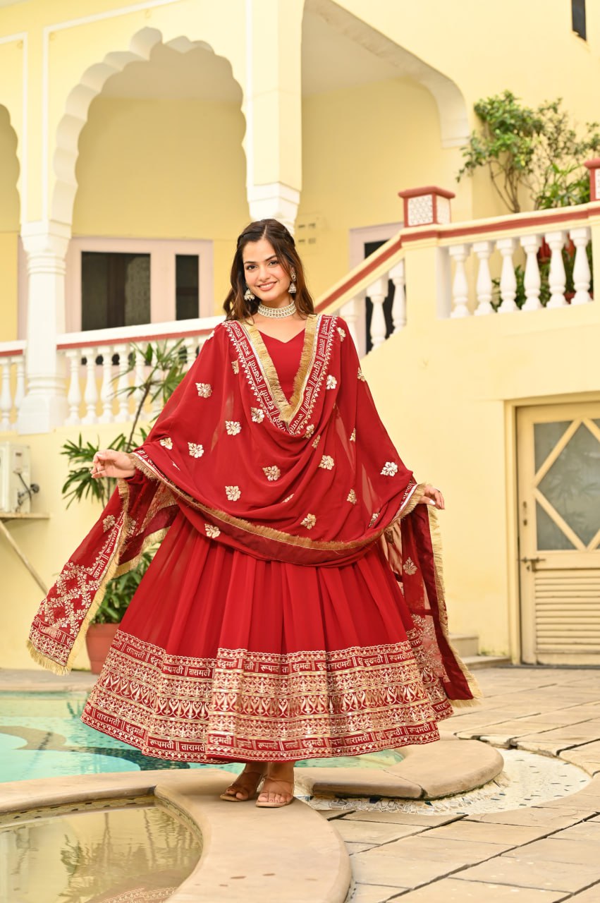 Red Embroidered Anarkali Gown with Heavy Dupatta for Wedding Wear