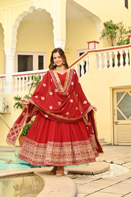 Red Embroidered Anarkali Gown with Heavy Dupatta for Wedding Wear