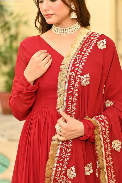 Red Embroidered Anarkali Gown with Heavy Dupatta for Wedding Wear