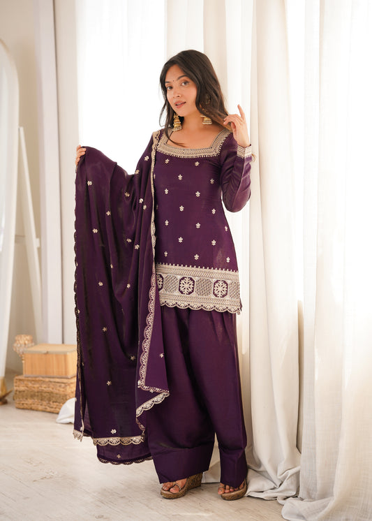 Wine Silk Farshi Salwar Suit with Embroiderey Sequence Dupatta