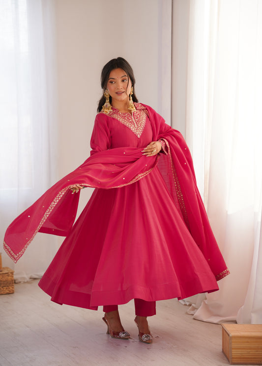 Rani Pink Roman Shimmer Silk Anarkali Suit with Embroidered Dupatta