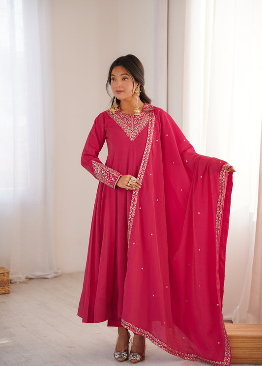Rani Pink Roman Shimmer Silk Anarkali Suit with Embroidered Dupatta