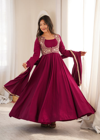 Rani Pink Roman Silk Chanderi Anarkali Gown with Embroidered Jacket & Dupatta