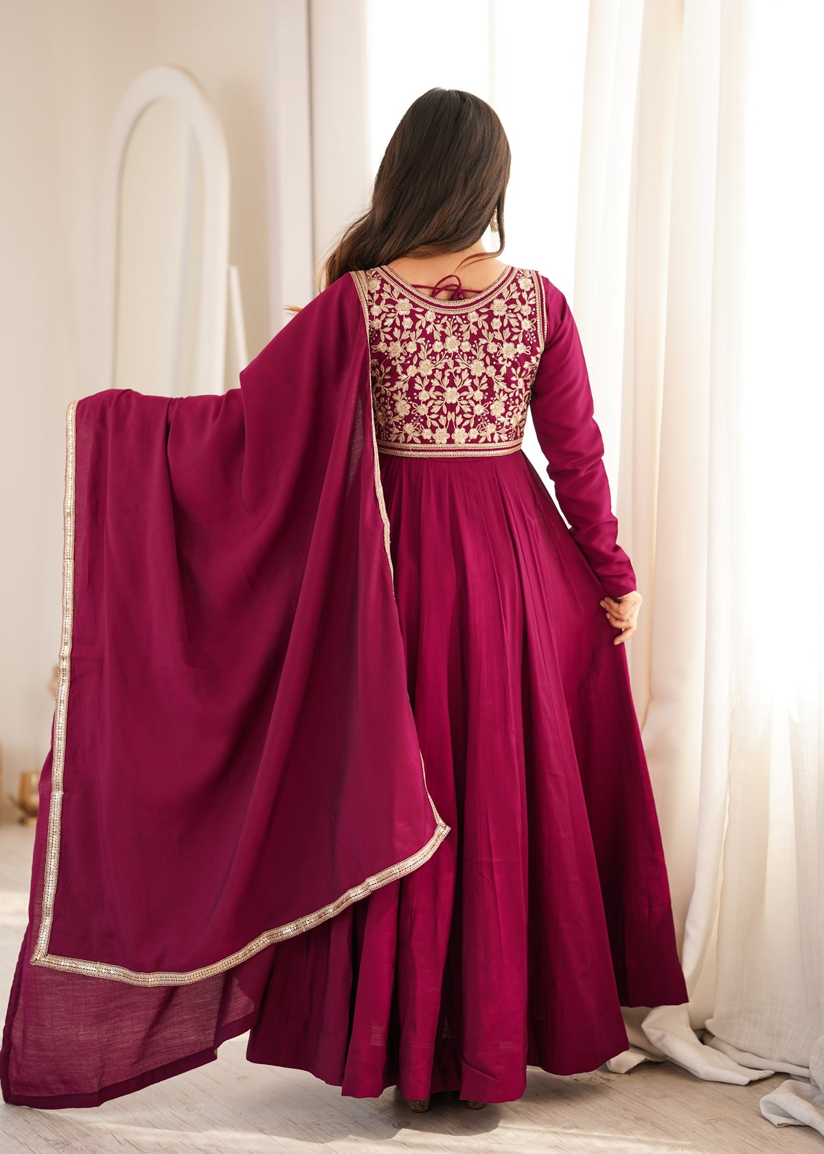 Rani Pink Roman Silk Chanderi Anarkali Gown with Embroidered Jacket & Dupatta