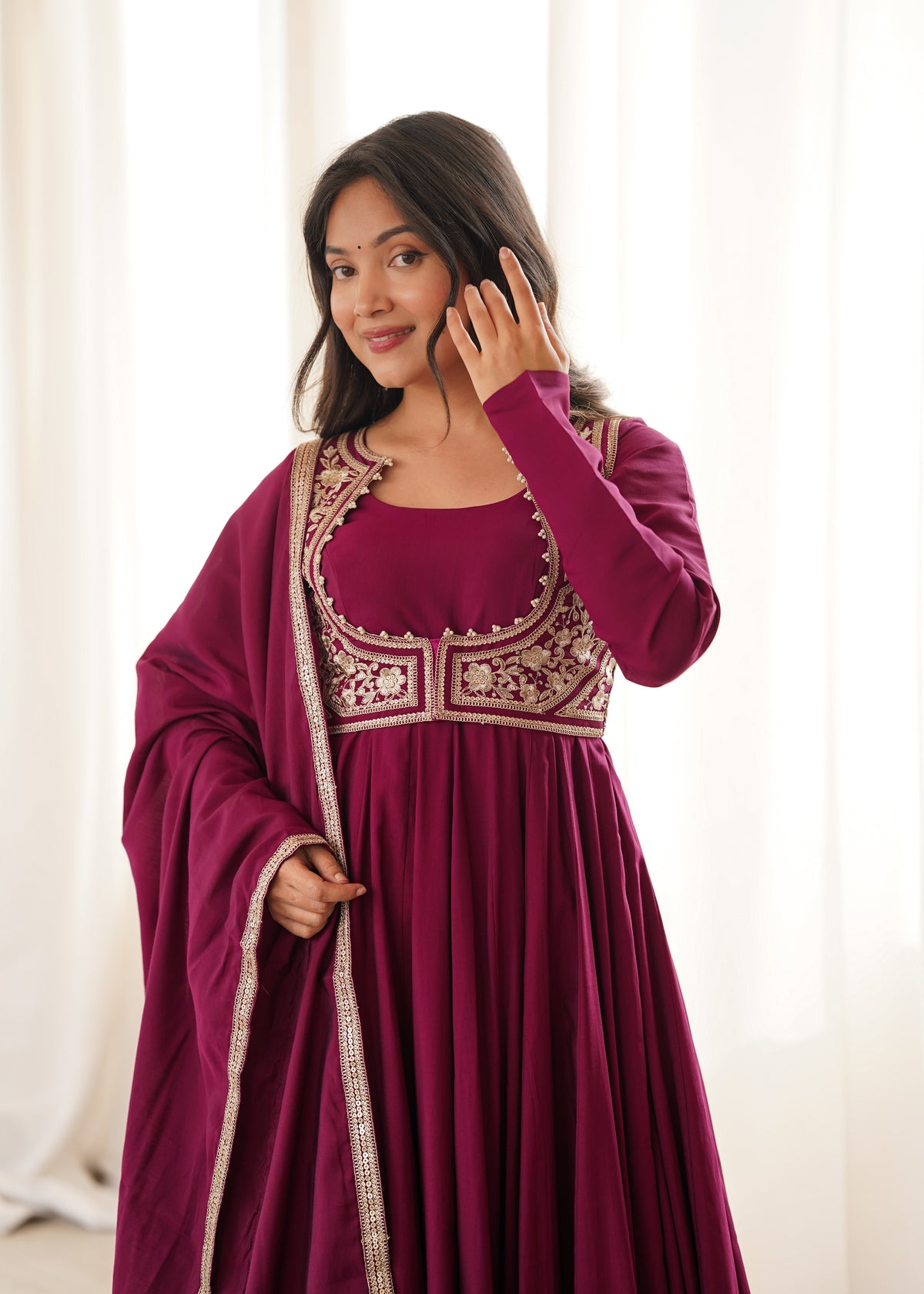 Rani Pink Roman Silk Chanderi Anarkali Gown with Embroidered Jacket & Dupatta